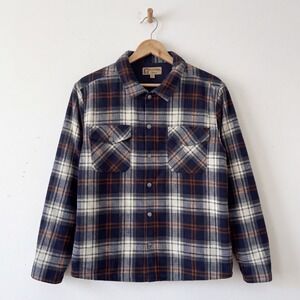 BC Clothing Co Heritage Mens XL Plaid Overshirt Navy Blue Orange Snap Shacket